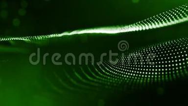 动态抽象背景的发光粒子与闪亮的波克火花。 暗绿色成分，振荡
